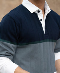 Navy Blue Panel Polo Collar T-Shirt 100% Cotton