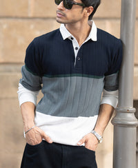 Navy Blue Panel Polo Collar T-Shirt 100% Cotton