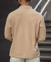 Light Fawn Waffle Design Regular Fit Full Sleeve T Shirt with Zipper