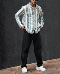 Off White And Blue Striped Regular Fit Full Sleeves Shirt