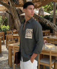 Dark Green Linen Blend Embroidered Shirt