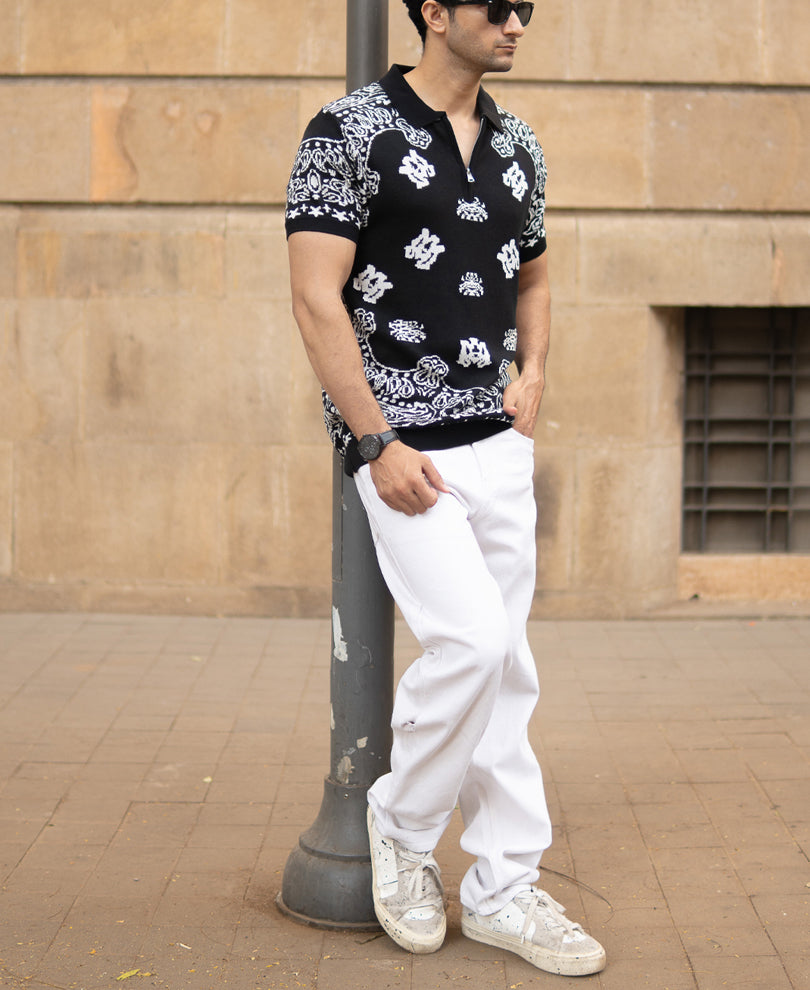 Black Bandana Knit Polo T-Shirt 100% Cotton