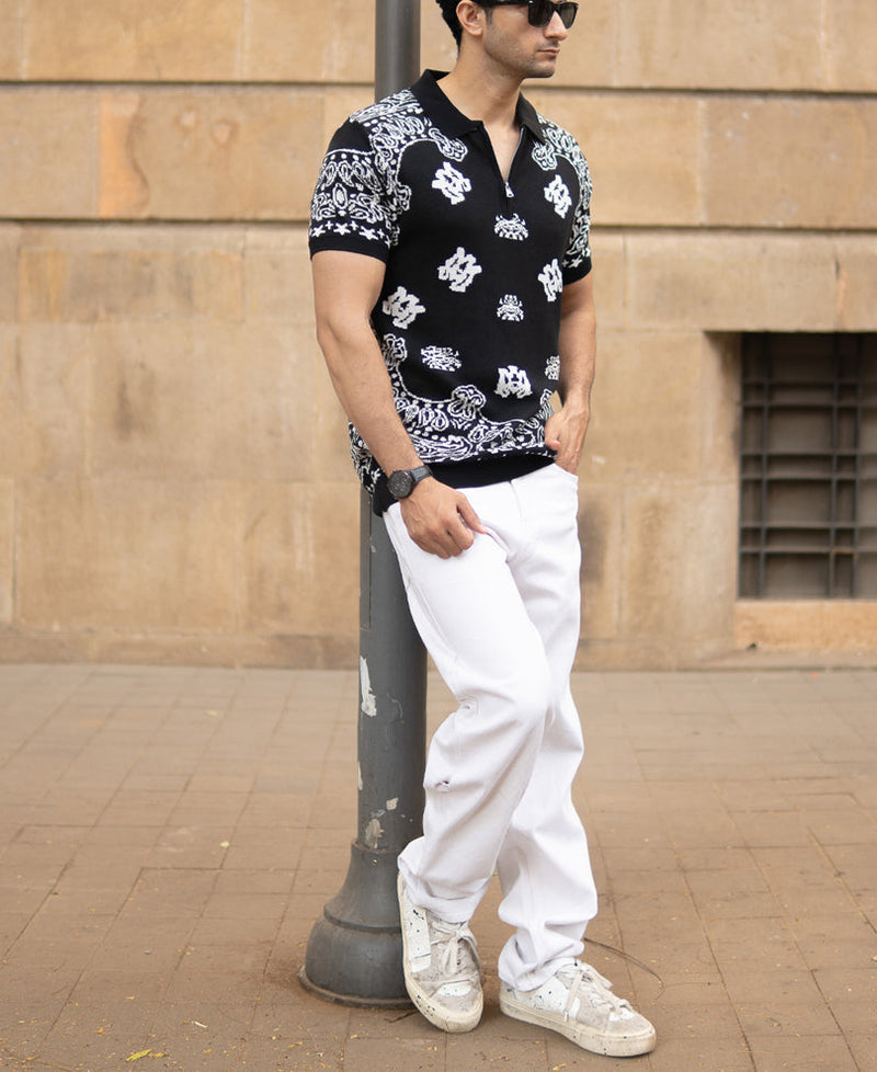 Black Bandana Knit Polo T-Shirt 100% Cotton