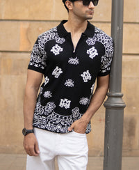 Black Bandana Knit Polo T-Shirt 100% Cotton