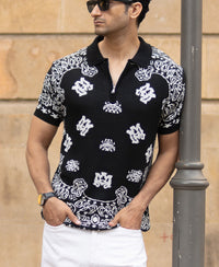 Black Bandana Knit Polo T-Shirt 100% Cotton