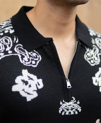 Black Bandana Knit Polo T-Shirt 100% Cotton