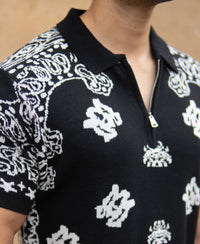 Black Bandana Knit Polo T-Shirt 100% Cotton