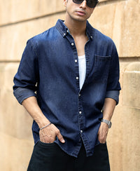 Dark Blue Washed Denim Shirt 100% Cotton