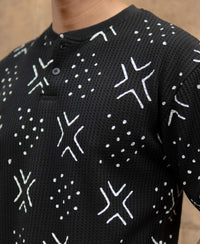 Black Structured Printed Henley T-Shirt