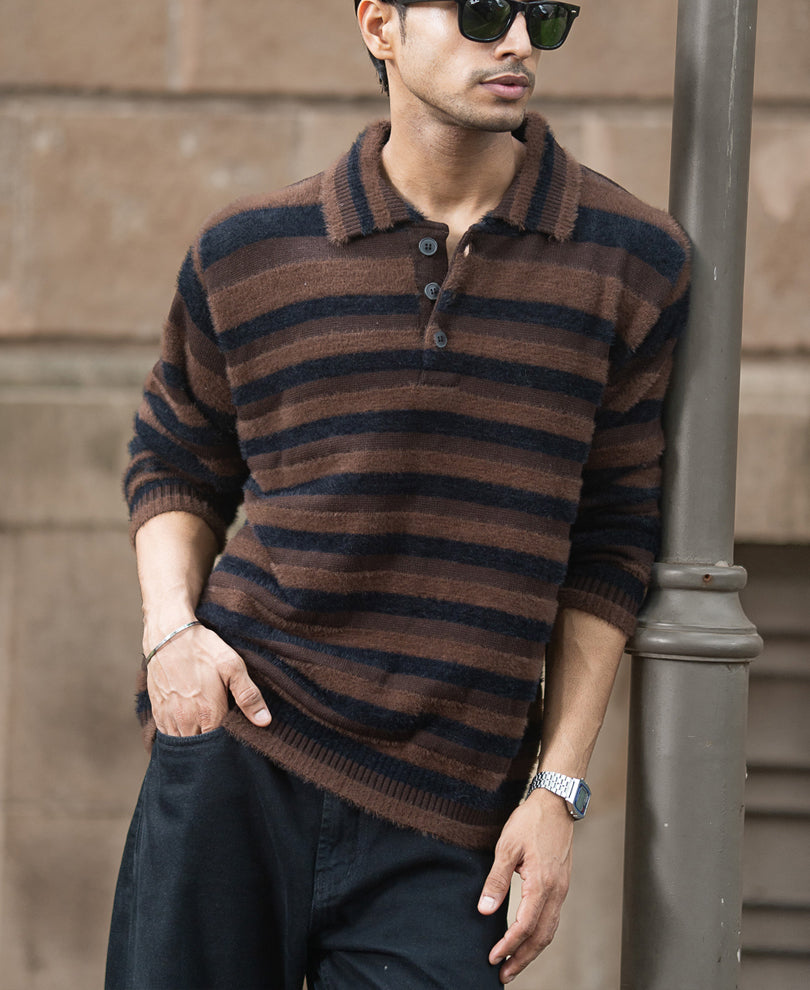 Dark Brown Striped Polo T-Shirt
