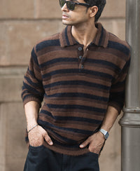 Dark Brown Striped Polo T-Shirt