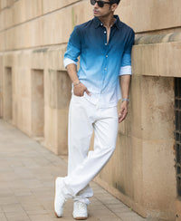 Dark Blue Ombre Print Shirt 100% Cotton