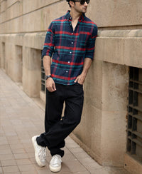 Navy Button Down Brushed Checks Shirt