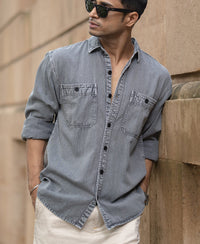 Grey Denim Shirt With Pockets 100% Cotton