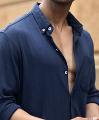 Navy Knitted Button Down Shirt 100% Cotton