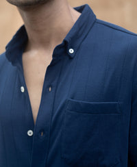 Navy Knitted Button Down Shirt 100% Cotton