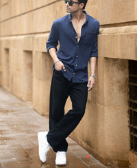 Navy Knitted Button Down Shirt 100% Cotton