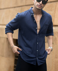 Navy Knitted Button Down Shirt 100% Cotton