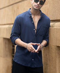 Navy Knitted Button Down Shirt 100% Cotton
