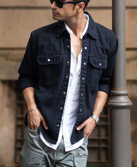 Black Distressed Denim Overshirt 100% Cotton