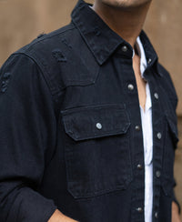 Black Distressed Denim Overshirt 100% Cotton