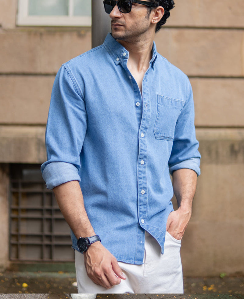 Blue Washed Denim Shirt 100% Cotton