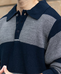 Grey And Navy Knit Striped Polo T-Shirt