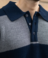 Grey And Navy Knit Striped Polo T-Shirt