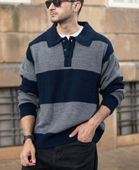 Grey And Navy Knit Striped Polo T-Shirt