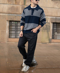 Grey And Navy Knit Striped Polo T-Shirt
