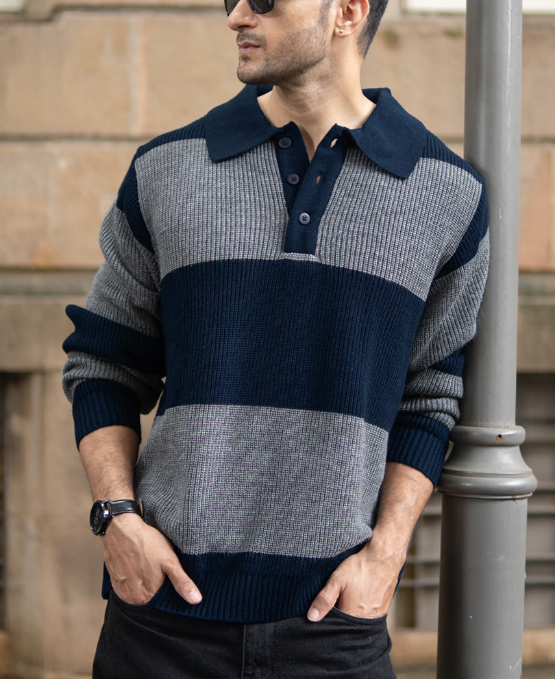 Grey And Navy Knit Striped Polo T-Shirt