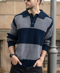 Grey And Navy Knit Striped Polo T-Shirt