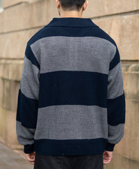 Grey And Navy Knit Striped Polo T-Shirt