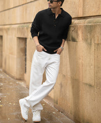 Black Structured Knit Polo T-Shirt