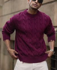Wine Distressed Cable Knit T-Shirt