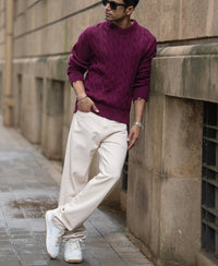 Wine Distressed Cable Knit T-Shirt
