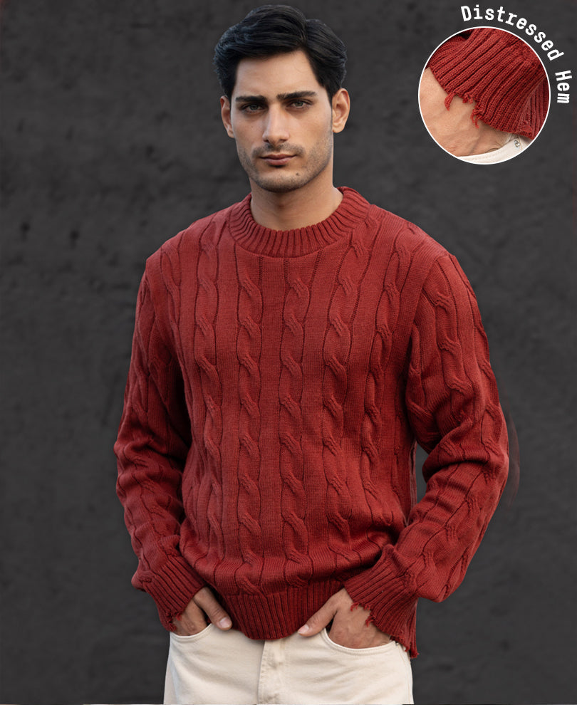 Ochre Distressed Cable Knit T-Shirt
