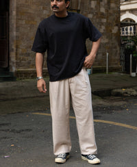 Beige Contrast Belt Linen Trouser