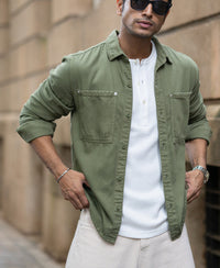 Green Textured Overshirt 100% Cotton
