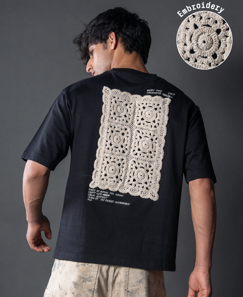 Black Crochet Patch Embroidered T-Shirt 100% Cotton