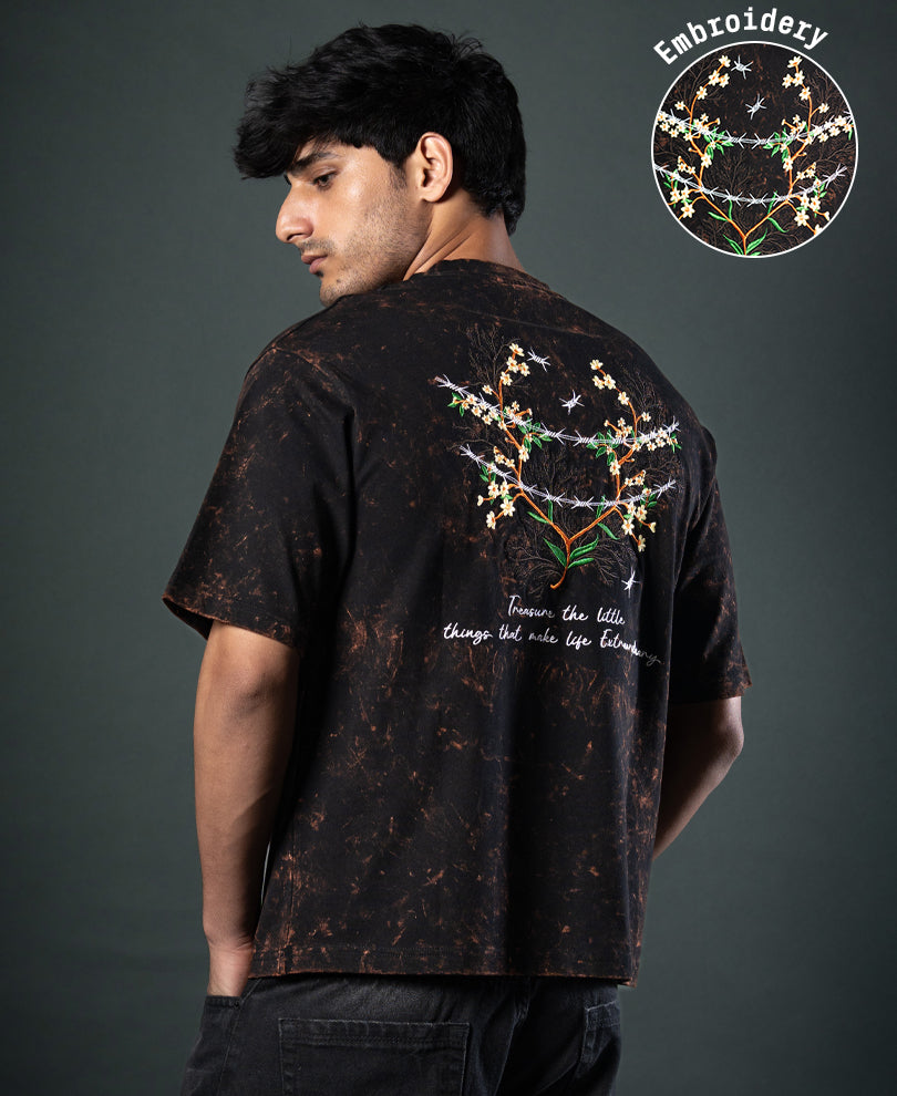 Dark Brown Floral Embroidery T-Shirt 100% Cotton