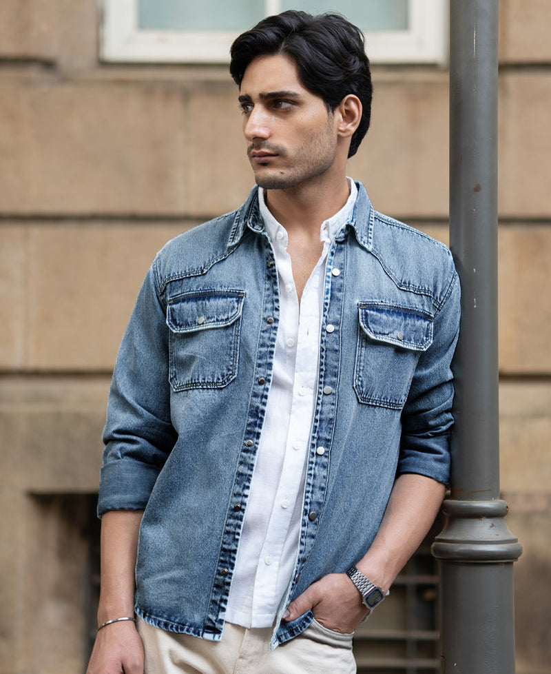 Mid Blue Denim Overshirt 100% Cotton