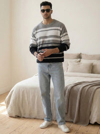 Grey And Black Structured Striped T-Shirt 100% Cotton