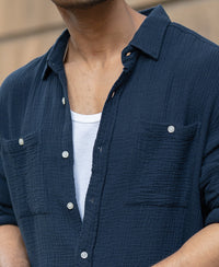 Navy Crinkled Shirt With Pockets 100% Cotton