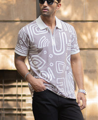 Grey Contrast Printed Polo T-Shirt 100% Cotton