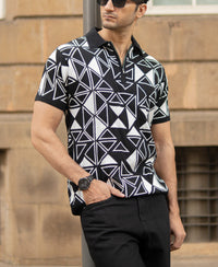 Black Geometric Knit Polo T-Shirt 100% Cotton