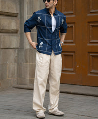 Navy Embrpoidery Linen Blend Shirt