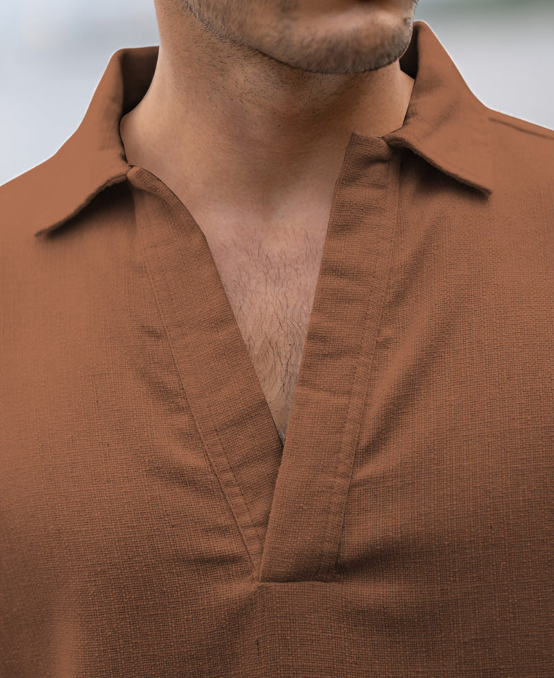 Brown Structured Cotton Kurta Shirt