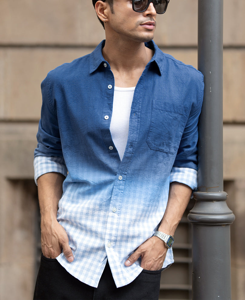 Blue Ombre Checked Shirt 100% Cotton