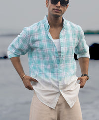 Aqua Blue Light Weight Ombre Checks Shirt 100% Cotton